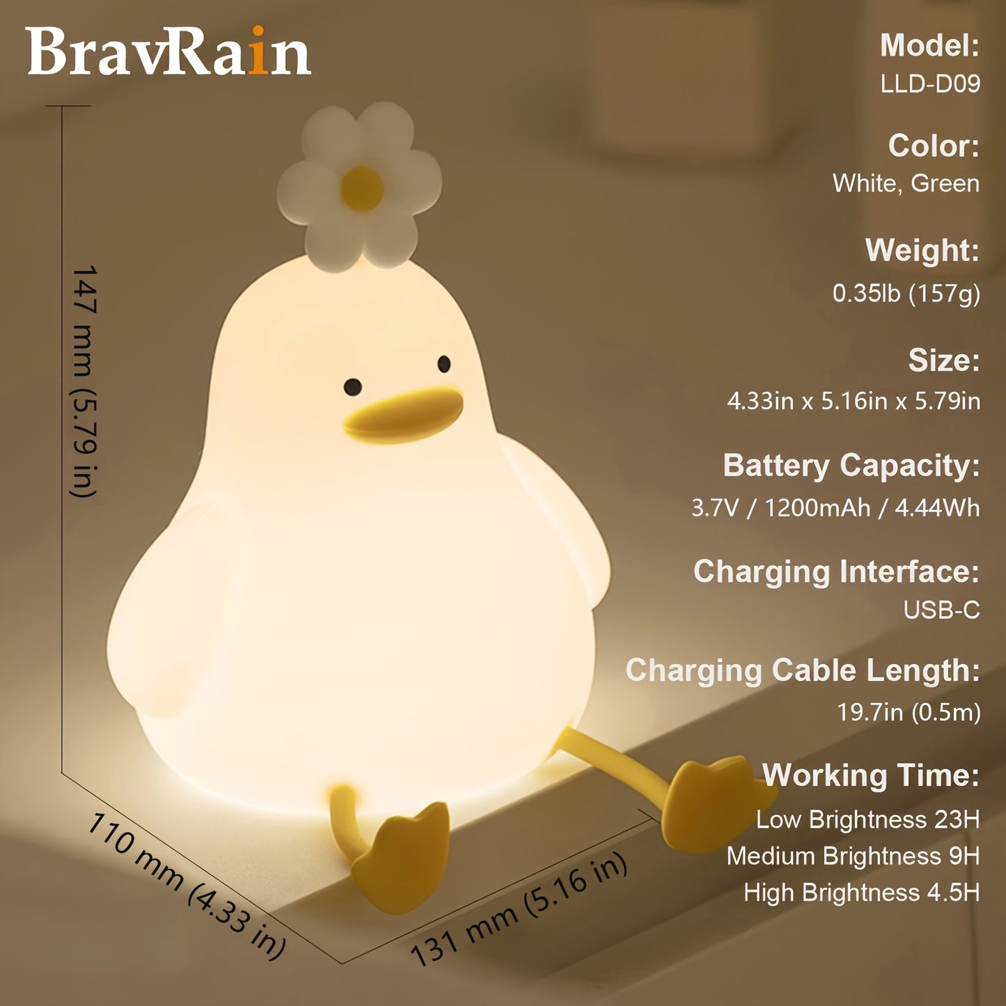 Silicone duck night light for bed with shooting control, adjustable brightness, USB powered - perfect gift for boys and girls on birthdays or Christmas.