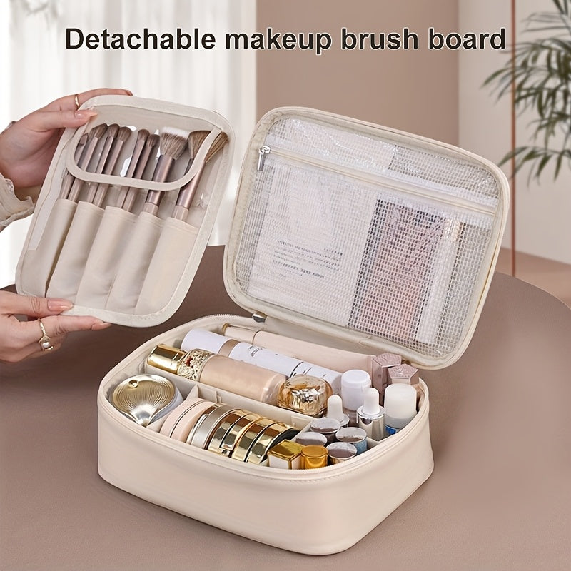 Spacious multi-layer PU cosmetic bag with brush holder, portable storage for beauty essentials, perfect gift for couples.