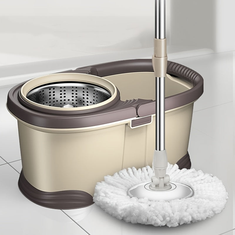 This set includes a Spin Mop and Bucket with a wringer, designed for easy and efficient cleaning. The mop is multifunctional with a rotating head, allowing for hands-free washing. It is suitable for both wet and dry cleaning, making it perfect for use in