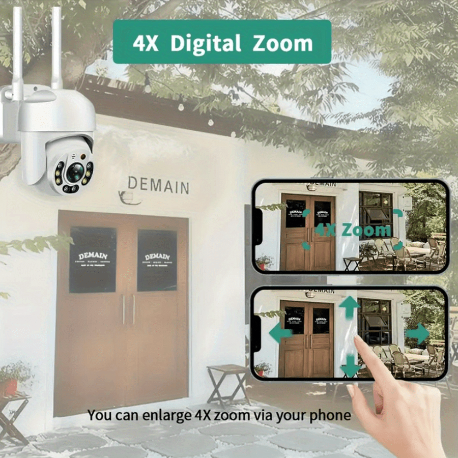 Teruhal Outdoor WiFi Security Camera offers waterproof protection, auto-tracking with a 360° panoramic view, full-color night vision, human motion detection, two-way audio, and USB powered functionality.