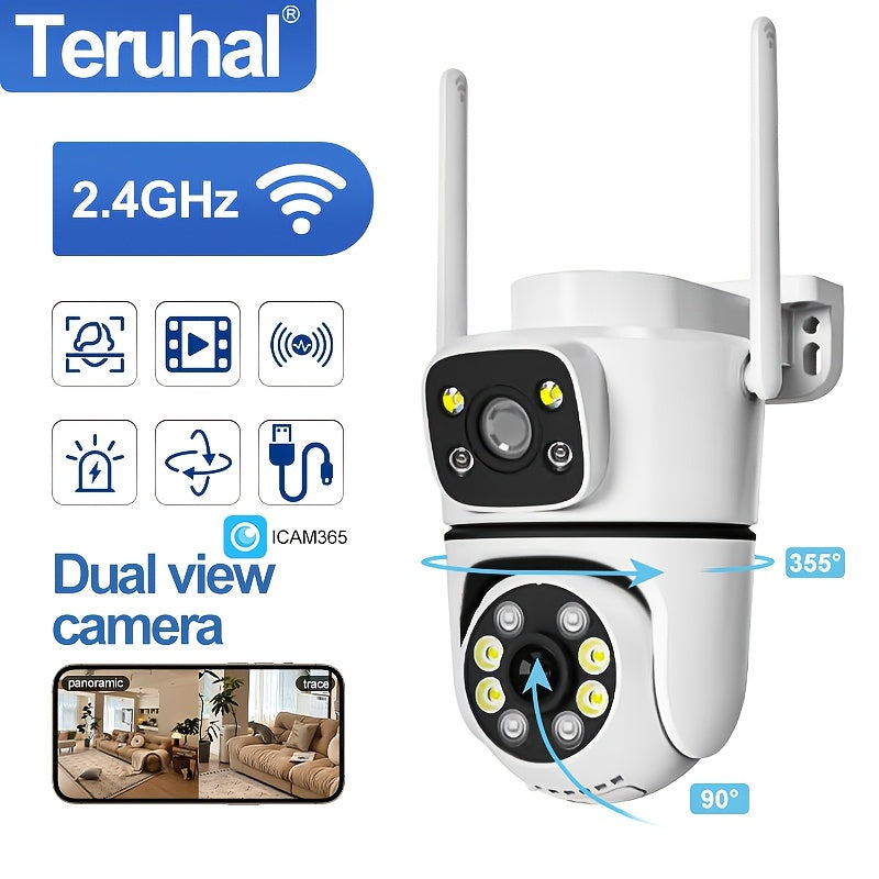 Teruhal 2K HD Wireless Outdoor Security Camera with Dual Lens, Auto Rotating PTZ, Night Vision, Motion Detection, Two-Way Audio, IP66 Waterproof, Wall Mount, App Control, USB Powered. Offers 1080p Resolution and Compatibility with Smartphones.