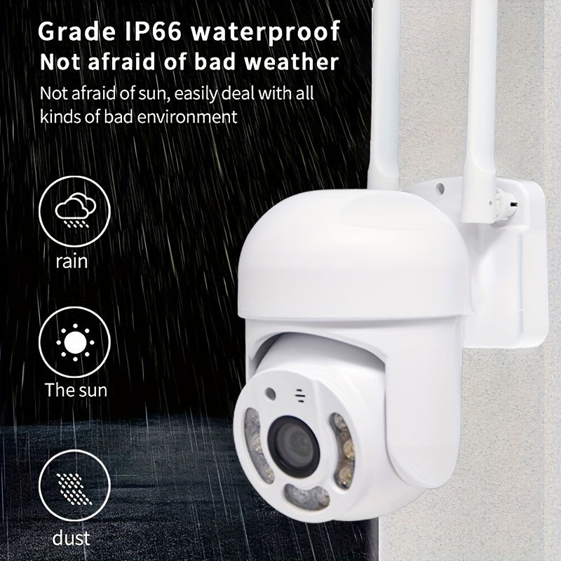 Outdoor WiFi security camera with waterproof design, featuring pan tilt automatic tracking and audio CCTV monitoring. This 360 IP camera provides day and night full-color AI humanoid motion detection, along with two-way voice intercom. Stay secure with