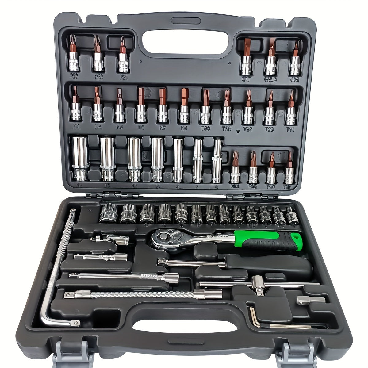 121-piece socket wrench set includes 72-tooth ratchet wrench screwdriver and various components for vehicle maintenance needs.