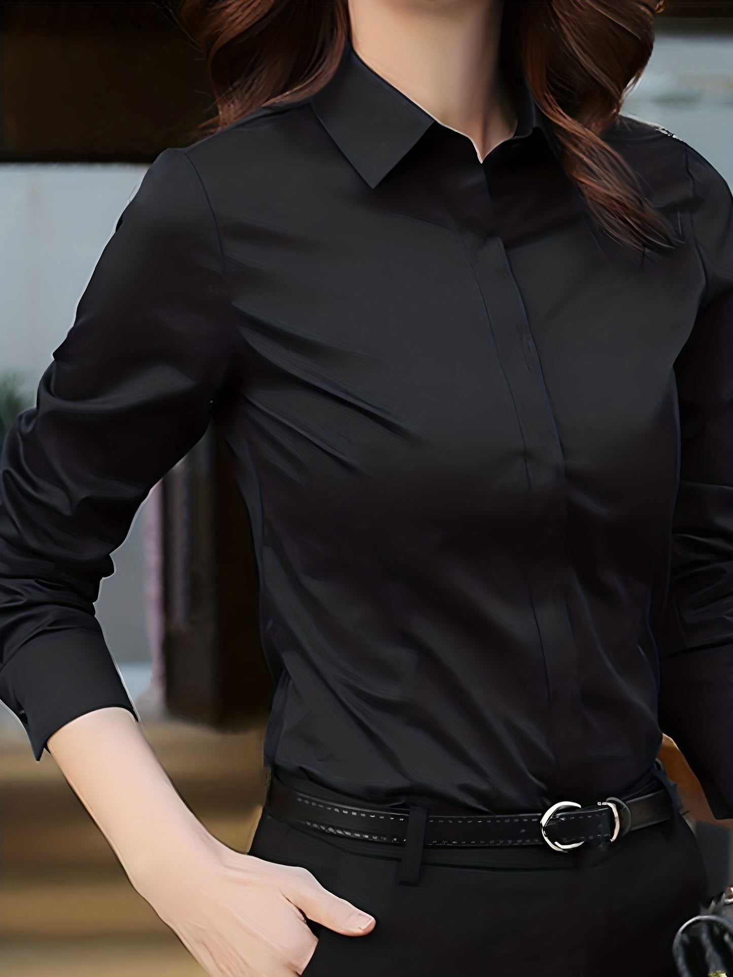 Women's 100% polyester long sleeve blouse in solid color, lapel collar, non-stretch woven fabric with placket. Sexy and professional style, anti-wrinkle, suitable for spring/summer/fall.