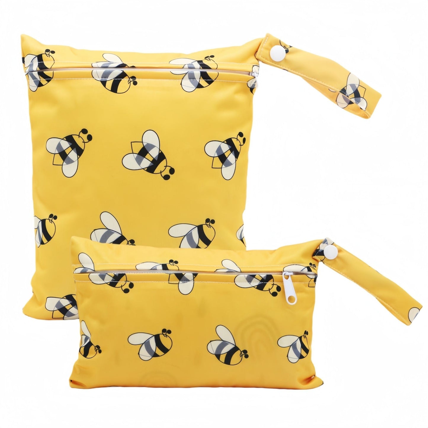 Set of 2 Bee Printed Cloth Diaper Bags - Features Zipper Closure, Snap Handle, Waterproof Fabric - Ideal for Travel, storing Wet items - Recommended for Ages 14 and Above