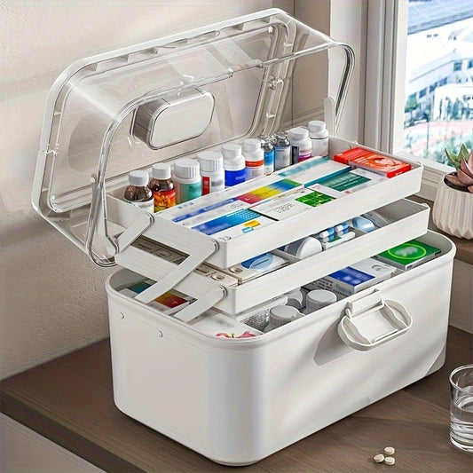 XL Multi-Tier Medicine Organizer for Home & Dorm - Durable White Plastic Kit Box