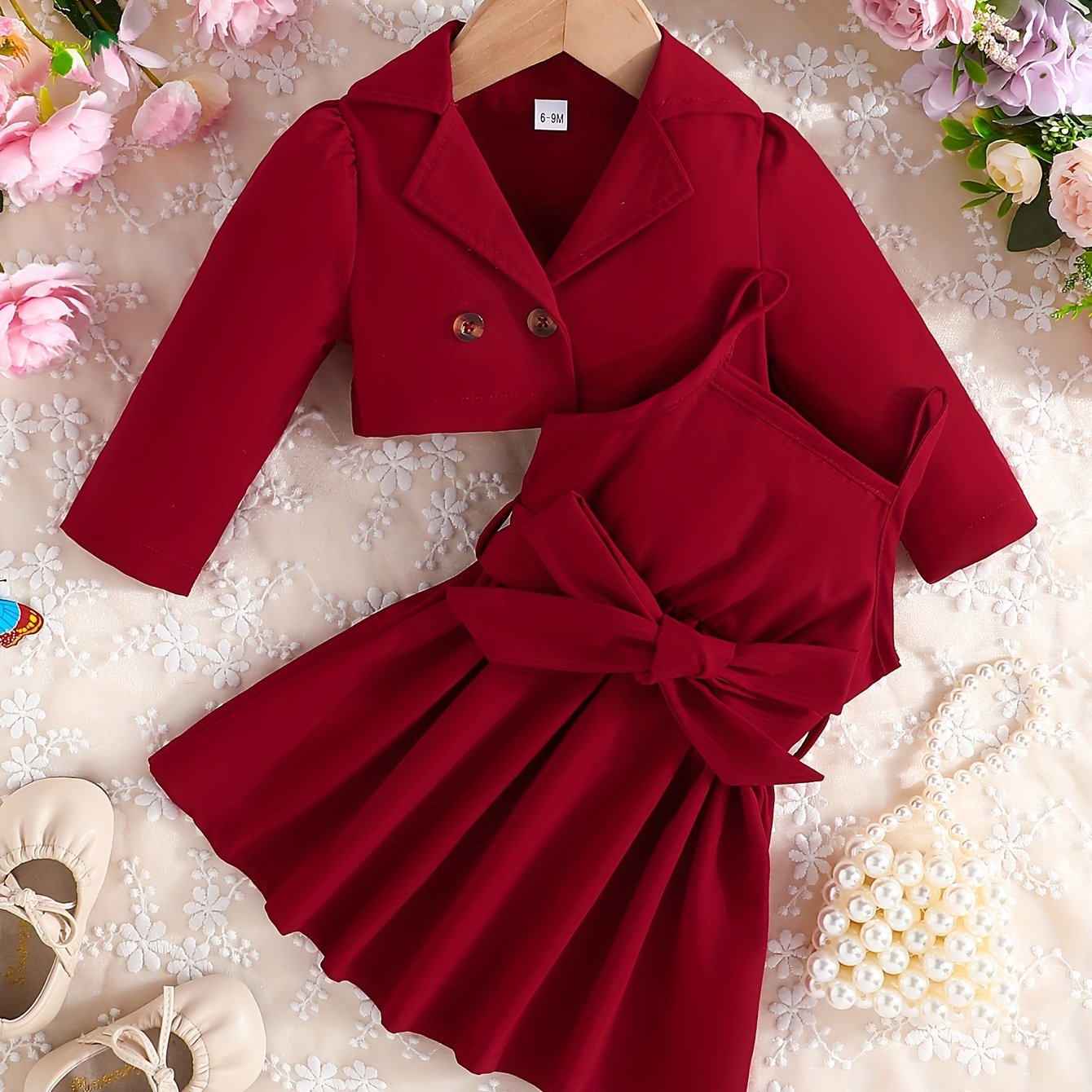 2-piece set for girls includes solid color long-sleeve coat with collar and camisole dress for outdoor wear.