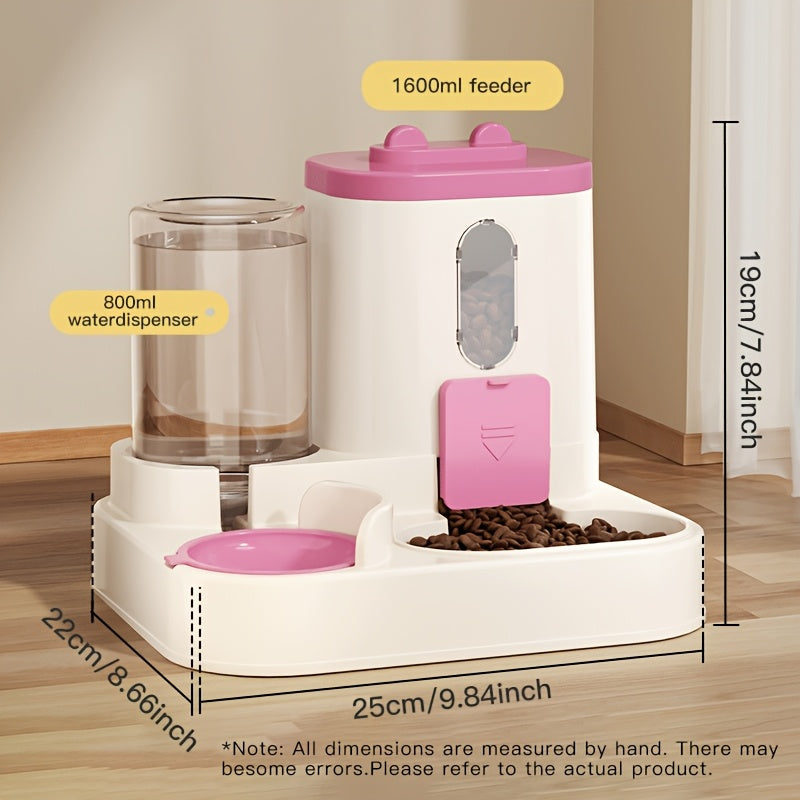 Combined automatic cat feeder and water dispenser for cats, non-electric and neck-friendly option for food and water.