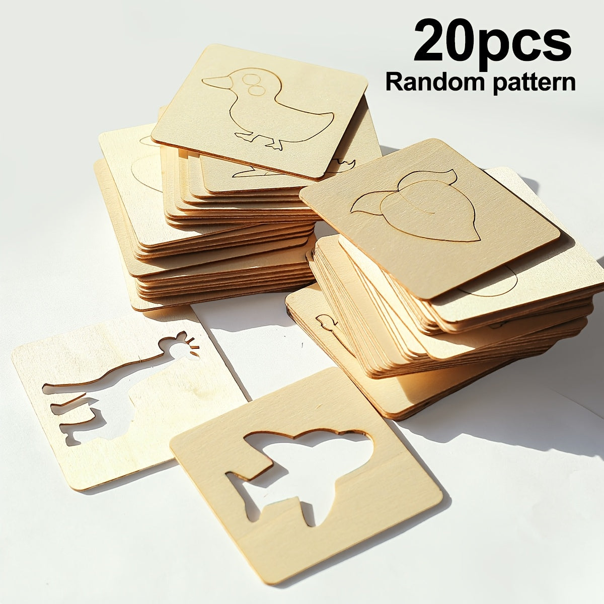 Wooden stencil set with 20pcs, featuring animal and fruit designs in apricot color. Ideal for art and craft projects during winter and New Year celebrations.