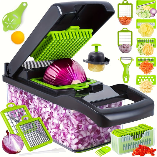 16-in-1 Vegetable Chopper - Manual Slicer Dicer with Container, Mandoline for Onion, Carrot, Garlic - Plastic Kitchen Gadget Set with Drain Basket.