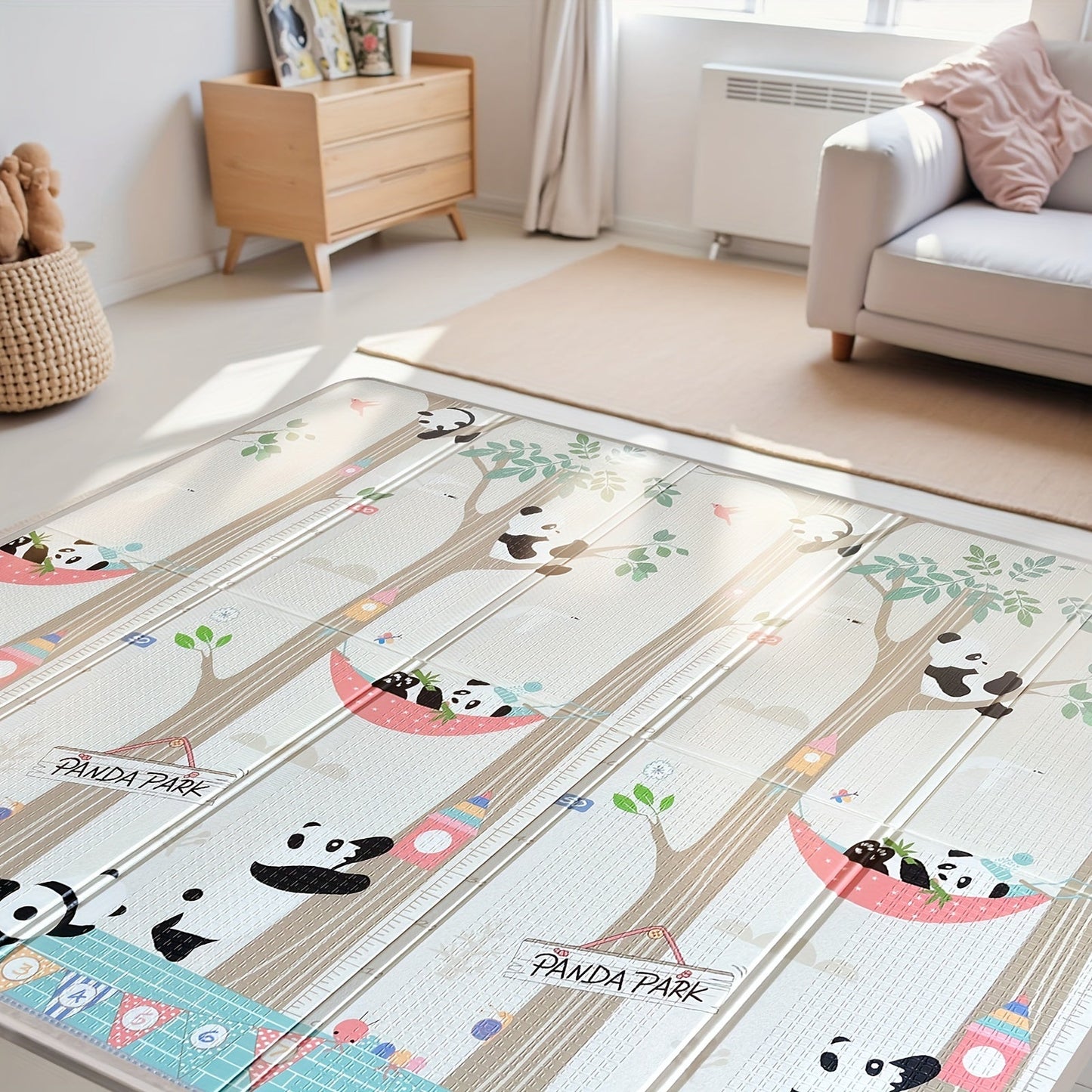 Easily cleanable young kids' play mat with cute panda design, double-sided and foldable, made of non-toxic PE material, perfect for early learning and bedroom playtime, measures 200.66cm x 180.34cm.