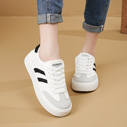 Breathable Lace-Up Cap Toe Sneakers with Korean Style Stripes for Women - All-Season Fashion Shoes with PVC Sole and Non-Woven Insole