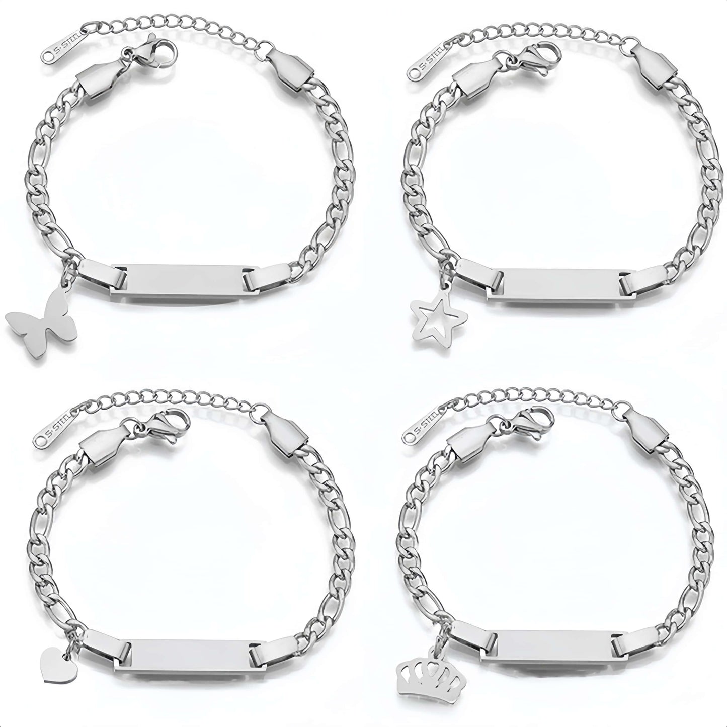 Customize your stainless steel bracelet with charming butterfly, star, crown, and heart charms. Add a personal touch with custom name and date engraving for a special occasion like birthdays, Valentine's Day, or Mother's Day. This bracelet is the perfect