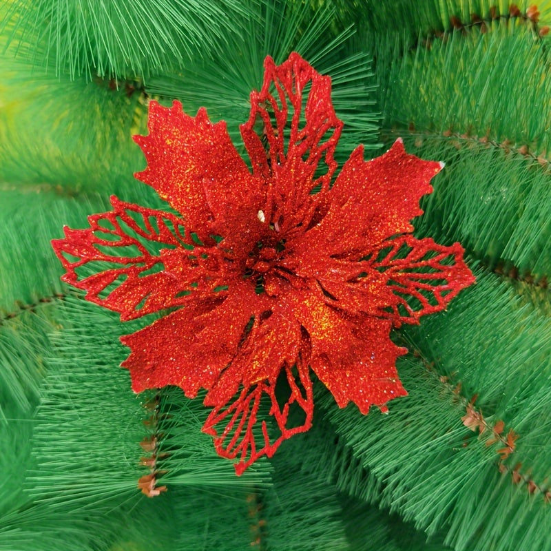 10 artificial Christmas flowers, 9cm/3.54in, glitter tree ornaments made of polyester and plastic. Suitable for home, kitchen, parties, and First Communion. No power required, festive holiday decoration.