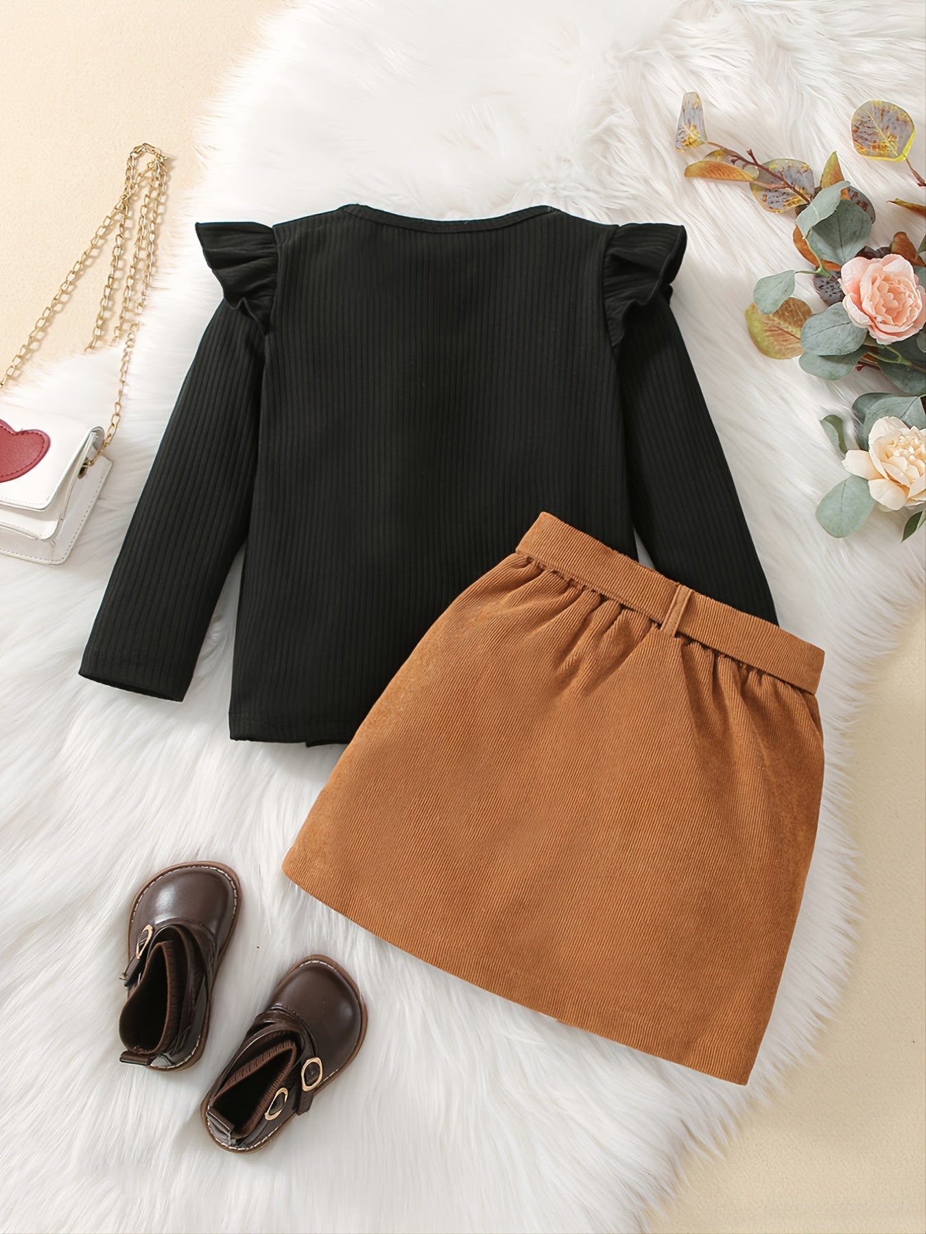 Black ribbed long sleeve top paired with a yellow and brown half skirt set for young girls, by JOPGEEY.