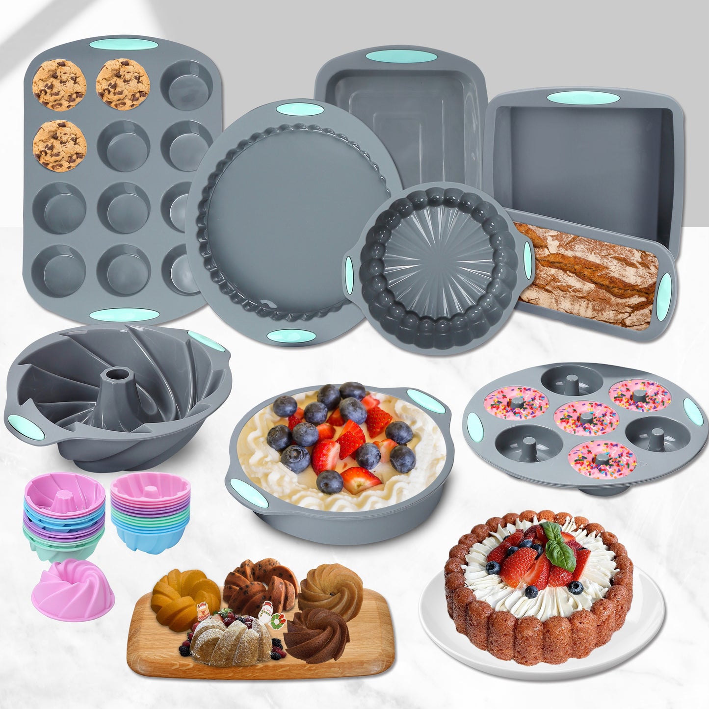 Silicone baking set includes 45 pieces, including various molds, pans, cups, and tools for the kitchen.