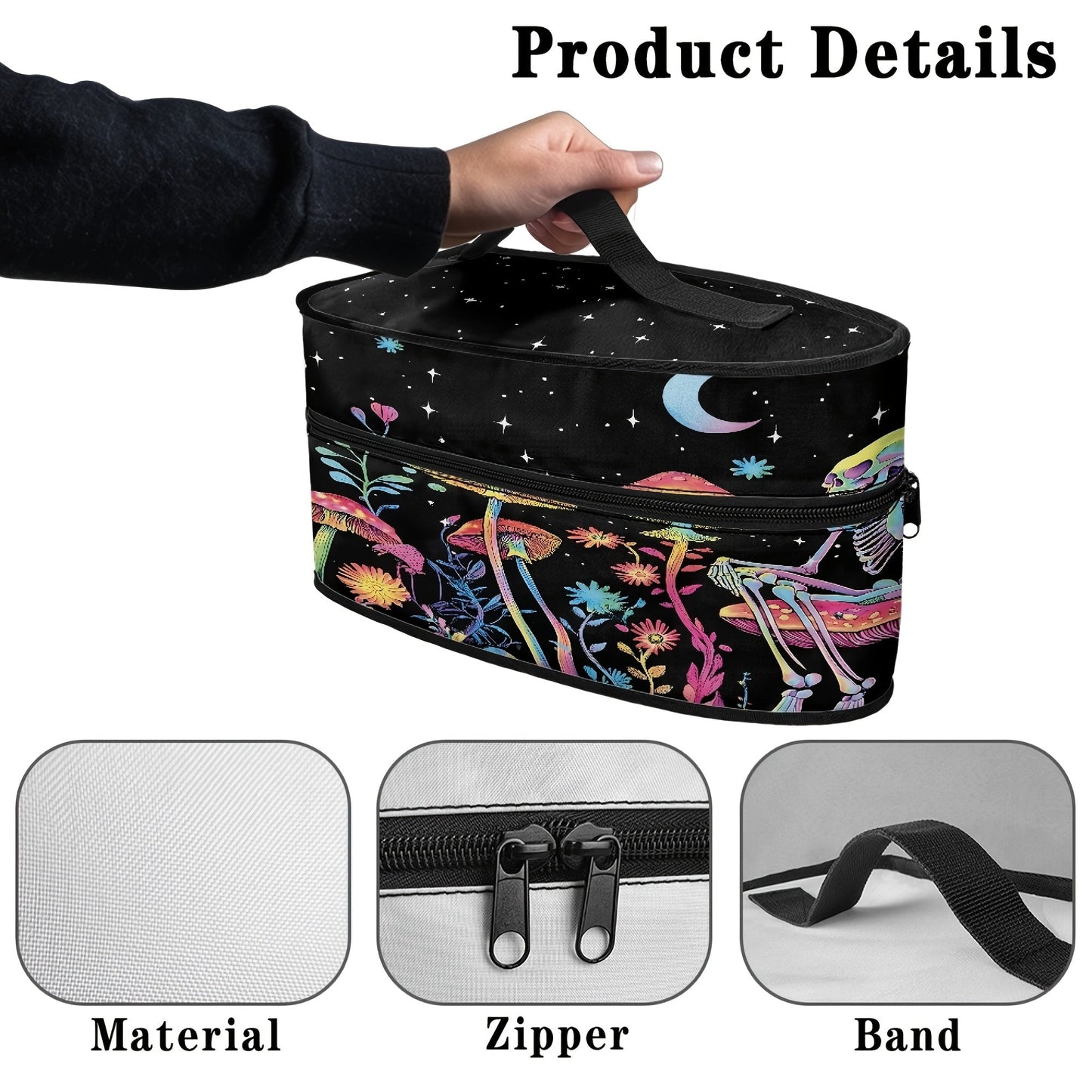 Travel in style with this Portable Ironing Bag featuring a unique Mushroom Skull print. This bag is equipped with a dual zipper and top handle for easy carrying. Made of dust-proof polyester, it is ideal for storing or transporting your clothes