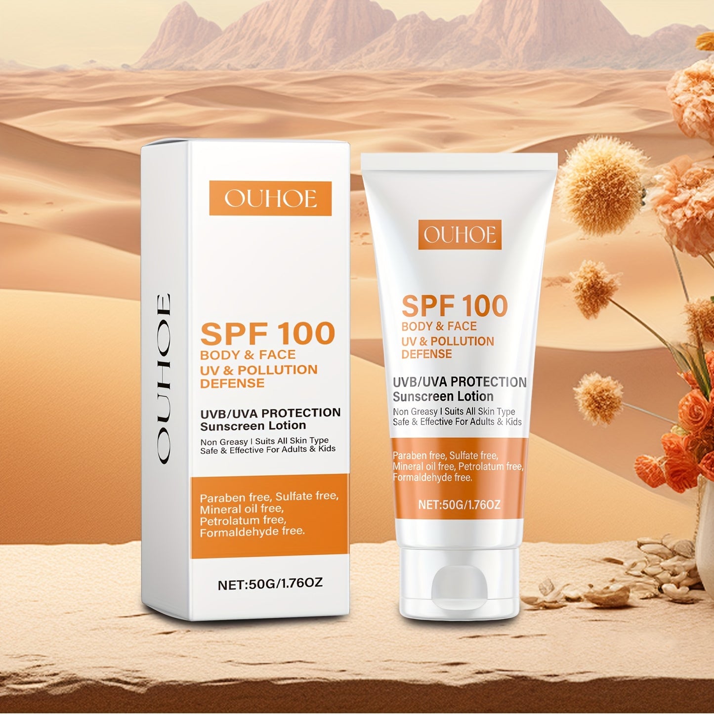 OUHOE SPF100 Quyoshdan himoya kremlari, E vitamini va Gialuron kislotasi bilan - Keng spektr, Namlantiruvchi, yopishqoq emas, Spirtli ichimliklarsiz, Barcha teri turlari uchun, 50g/1.76fl.oz