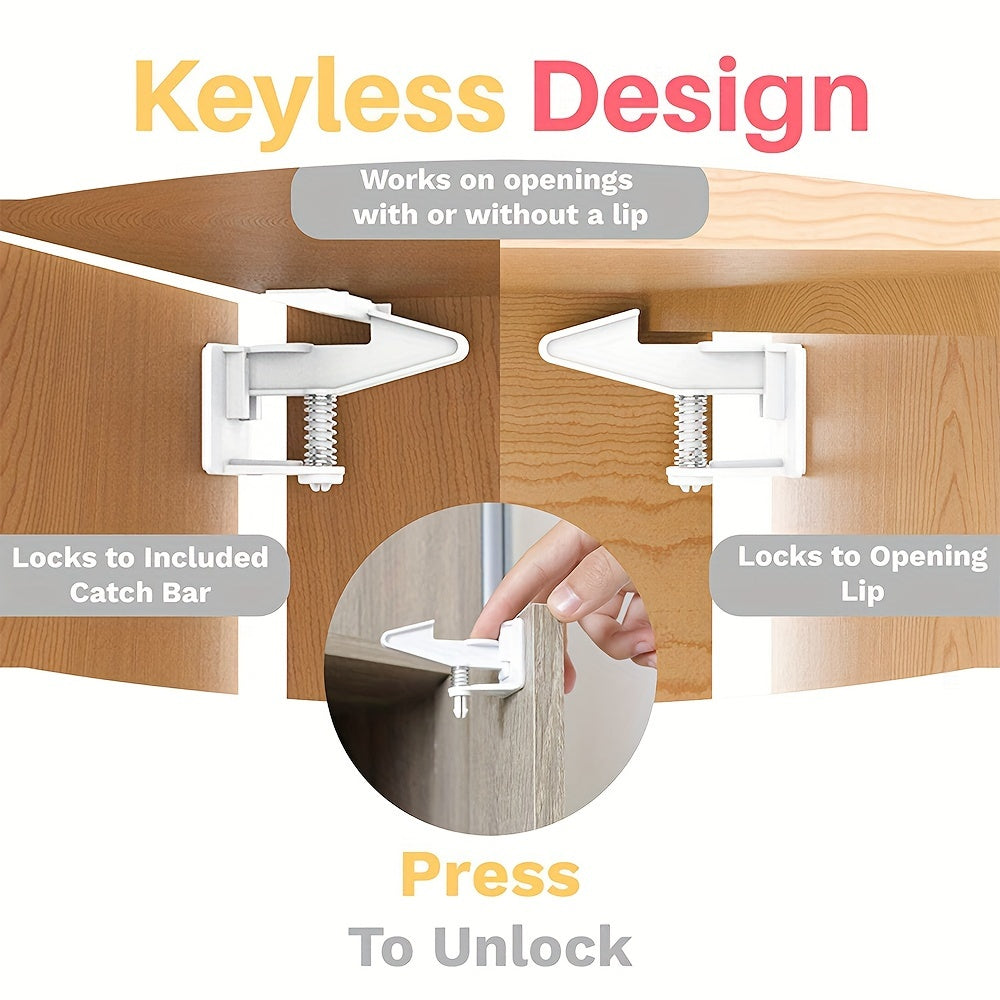 Set of 10 Safety Cabinet Locks for Kids - Unseen, Sticky Drawer Latches for Many Cabinets & Drawers - No Need for Drilling - Available in Black or White