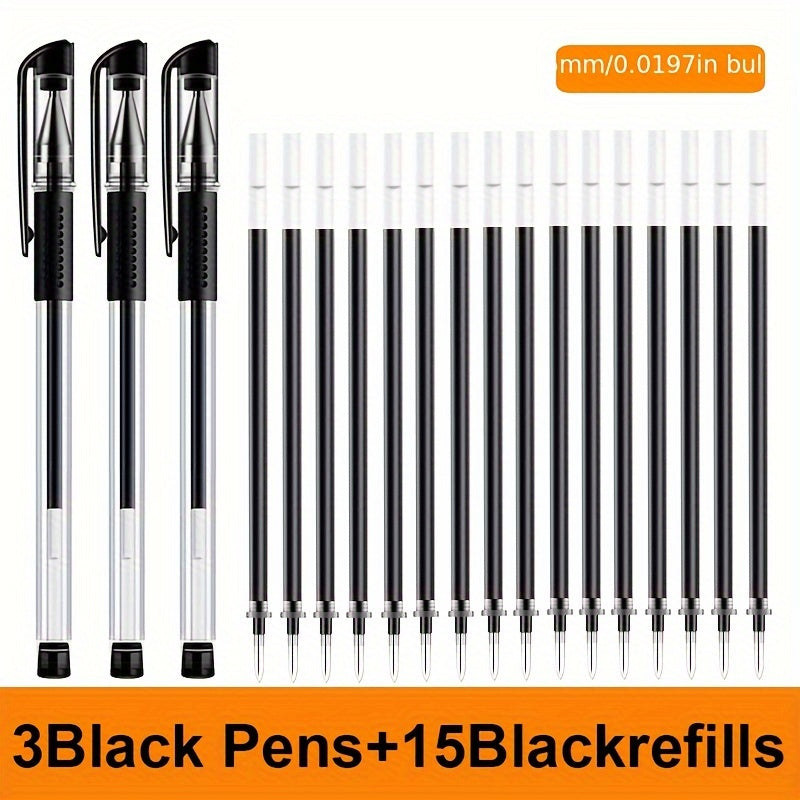 18-piece gel pen set in black, blue, and red ink colors, perfect for school or office use.