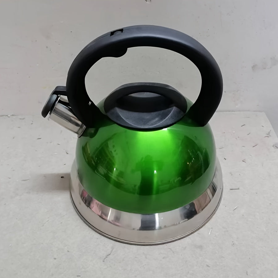 No electricity required: The 1pc Stainless Steel Whistle Kettle 2.5L is compatible with gas, electric, induction, ceramic & halogen stovetops. It features a practical lid and fast boiling capabilities.