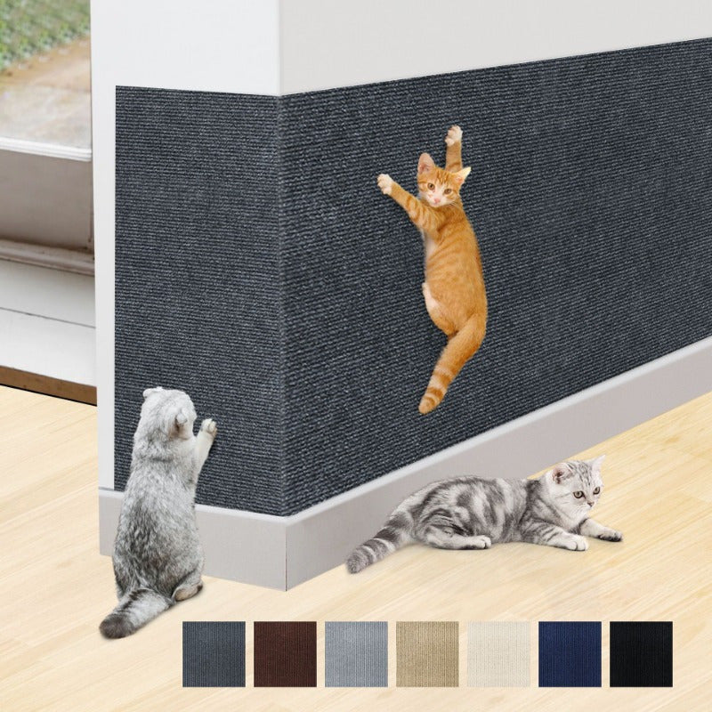 Wall-mounted cat scratching mat made of durable, fluff-free polyester with self-adhesive backing, cut-to-fit for all breeds.