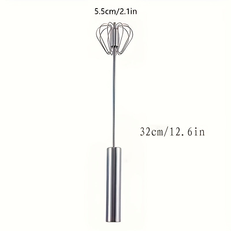 Stainless steel semi-automatic hand whisk for household mixing and baking, suitable for restaurant, food truck, or bakery use.