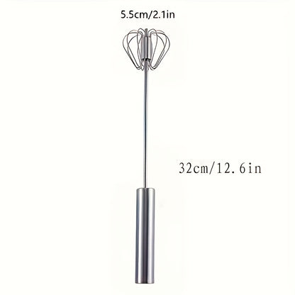 Stainless steel semi-automatic hand whisk for household mixing and baking, suitable for restaurant, food truck, or bakery use.