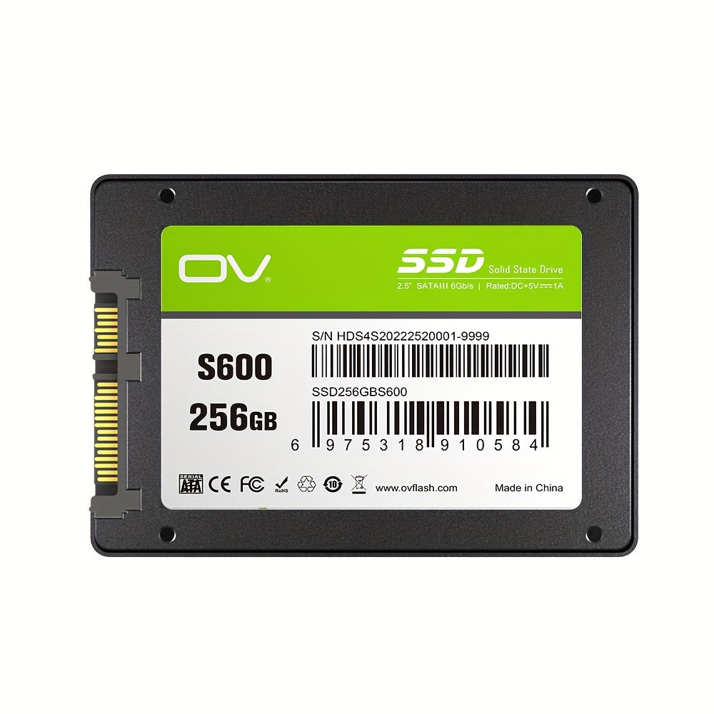 High-speed OV Sata 3 SSD available in various capacities with durable TLC flash, shock-proof design, and compact 6.35cm size for PCs, desktops, and laptops.