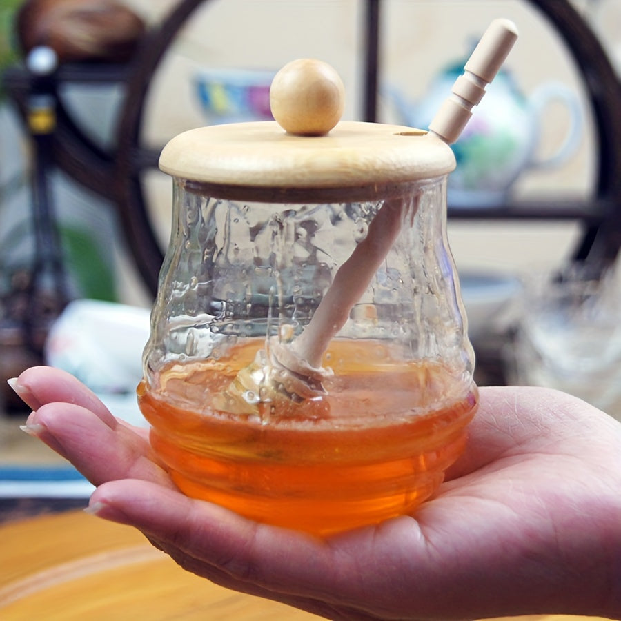 Glass honey jar with bamboo lid and dipper - ideal for kitchen storage and baking essentials