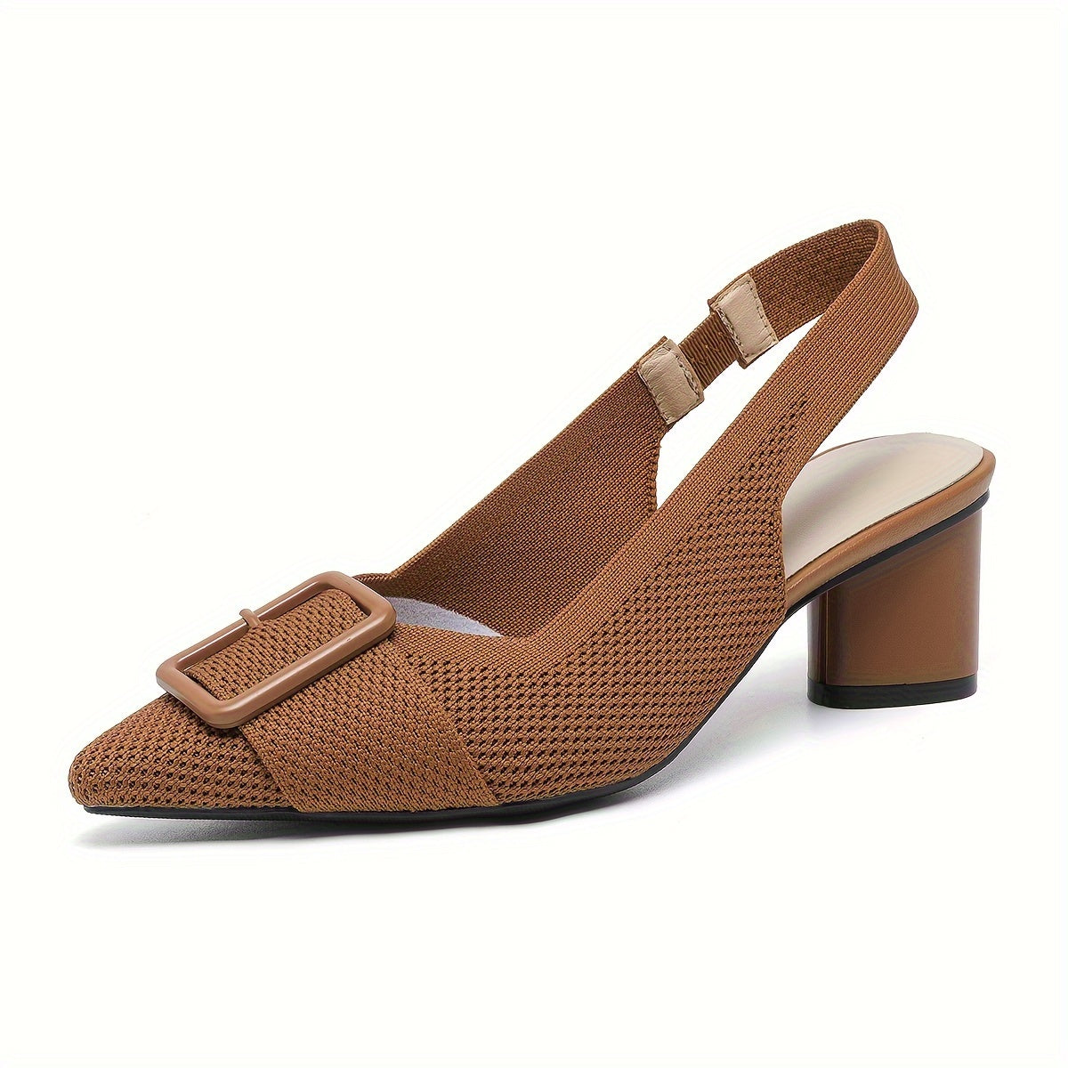 Women's mid-heel pumps with breathable knit, pointed toe, slip-on style, and chunky heel for all seasons.