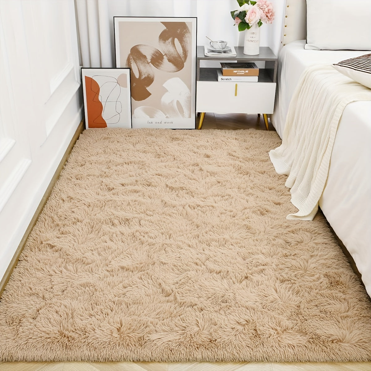 Luxurious Beige Plush Area Rug - Soft Faux Fur Carpet for Cozy Home Decor, Ideal for Living Room, Bedroom, and Entryway. Low Maintenance, Non-Shedding, Made of 100% Polyester. Dry Clean Only.