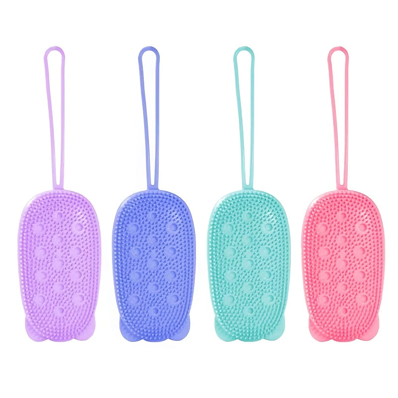 Silicone body scrubber for exfoliating and cleaning in the shower.