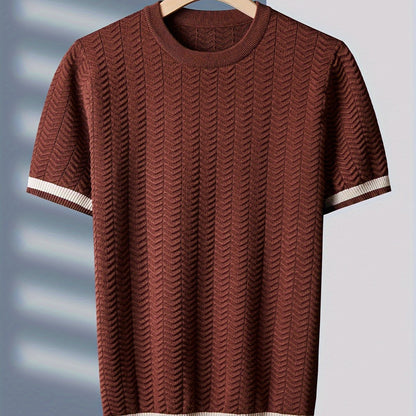 Men's Color Block Striped Knitted Short Sleeve Sweater for Fall/Winter, Street Style Crew Neck