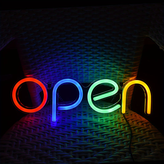 Multicolor LED "OPEN" Neon Sign, 41.91 x 15.24 cm - USB Powered, Dimmable, & Easy-to-Mount Wall Decor for Restaurants, Bars, Clubs.