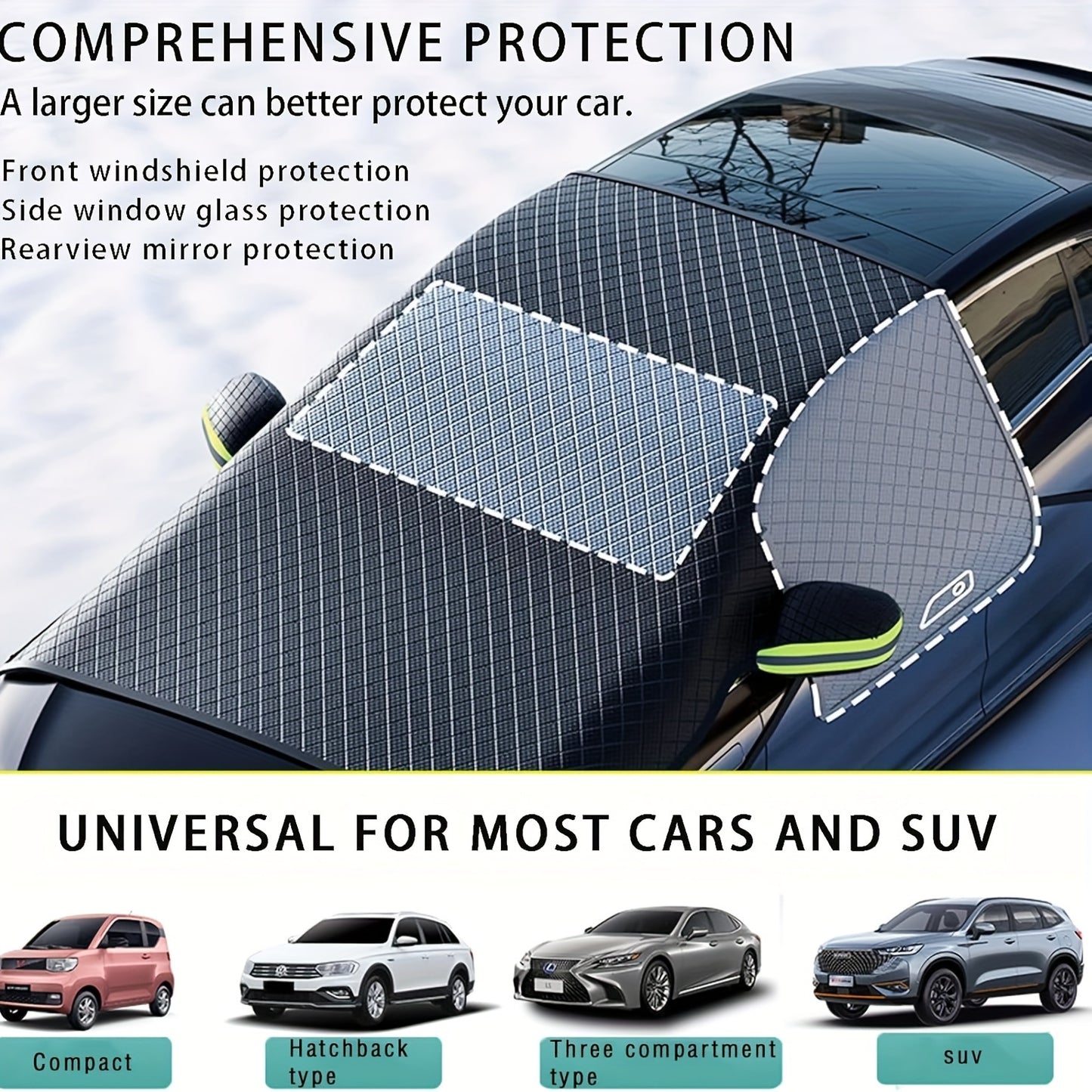 Windshield snow cover with magnetic frost cover for large cars, made of high strength Oxford fabric, easy to install.