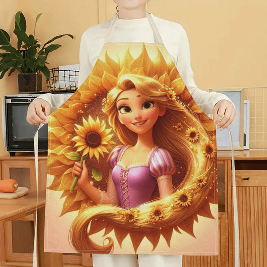 Waterproof Disney Elsa apron featuring a vibrant cartoon princess design with sunflowers. Perfect for use in homes, restaurants, cafes, and supermarkets. Made from durable polyester for easy care and versatility. Glossy finish adds a polished touch to