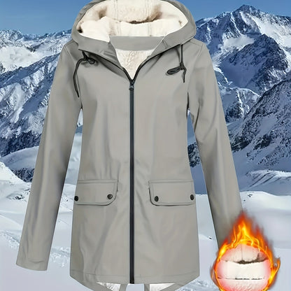 Women's plus size solid zip front warm coat with hooded long sleeves for fall and winter.