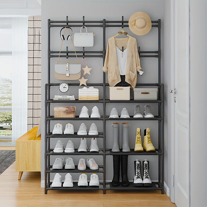 4 to 5 tier coat rack made of carbon steel that can be used for various purposes. It is spacious, measuring 170.18cm, and can be used to organize clothes and shoes. Available in black or white, and is easy to assemble.