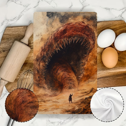 Set of 2 Ultra Soft Kitchen Towels featuring Shai Hulud The Sandworm Design. These highly absorbent and machine washable dish hand towels measure 40.64x60.96 cm. Perfect for holiday decor and everyday use.