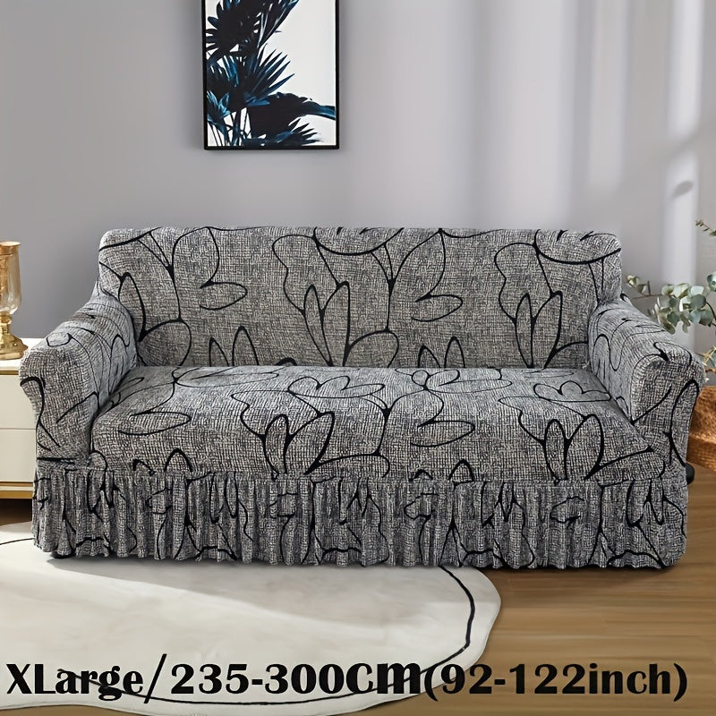 Grey Bohemian style sofa cover with skirt, machine washable, suitable for all-season use. Made of polyester spandex fabric, ideal for living room, bedroom, or office decor.