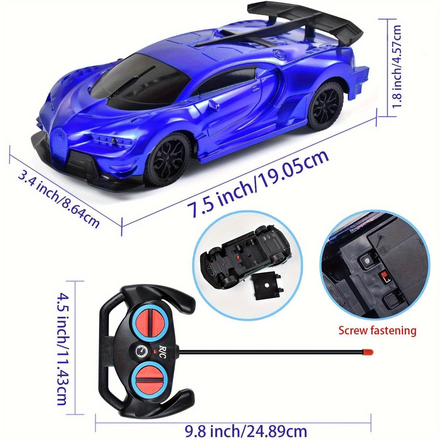 Battery-powered blue remote control car toy for youngsters 3+, made of durable plastic with button control and sedan design - ideal gift for boys & girls.