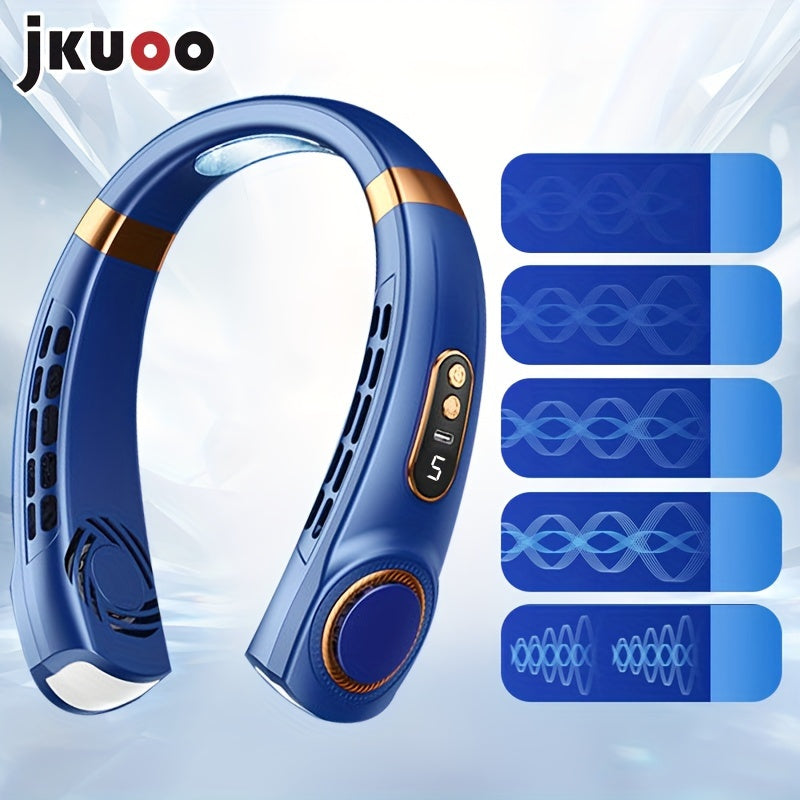 Stay cool and comfortable on-the-go with the 1pc JKUOO Portable Neck Fan. This innovative device features a 5-speed adjustable display, USB rechargeable lithium battery, and quiet operation. Perfect for use during sports, travel, and summer activities