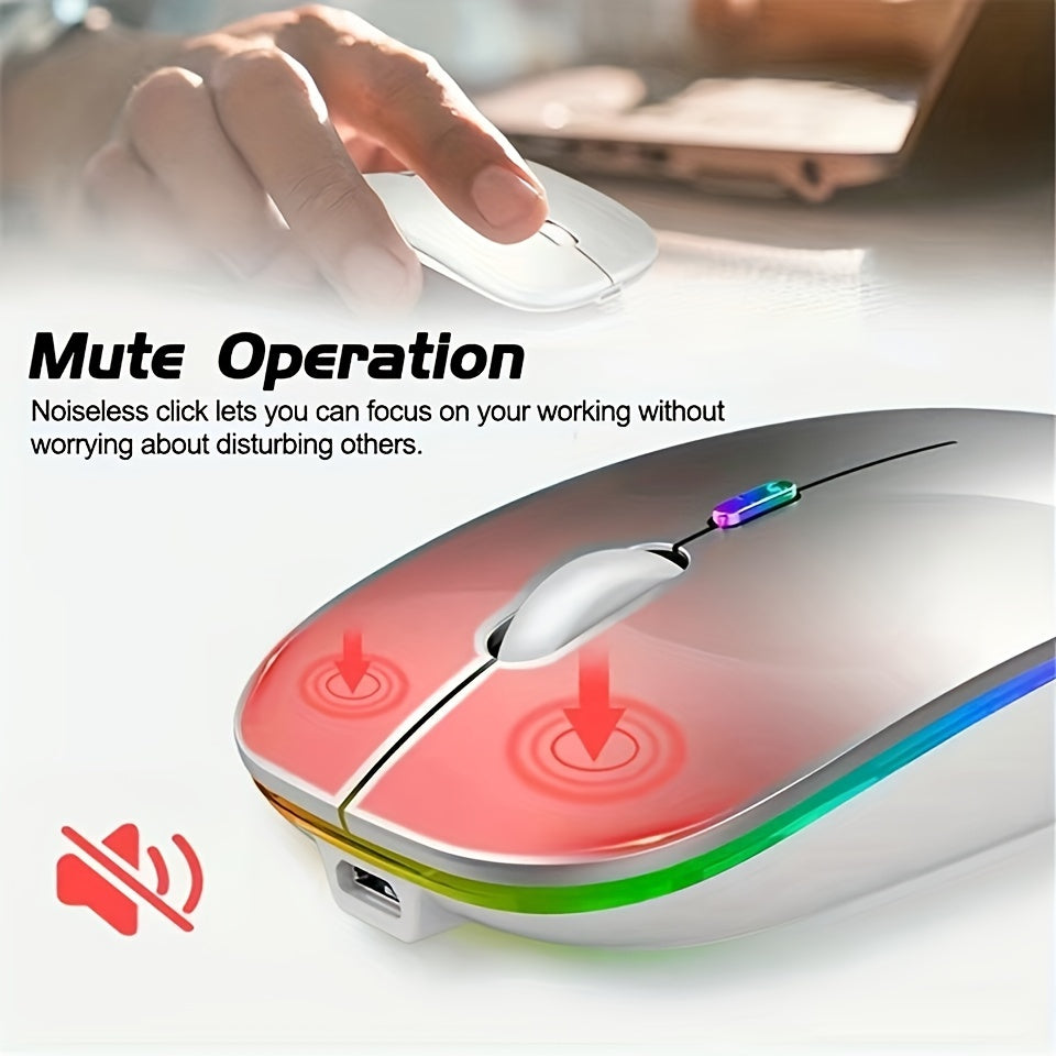 Rechargeable LED wireless mouse with dual mode, silent operation, and ergonomic design. Suitable for various devices like laptops, desktops, and tablets.