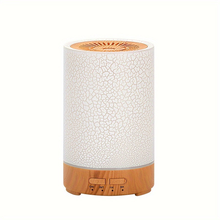 1pc Soundwave technology Humidifier with 150ml capacity, adjustable 7-color light, crack appearance design, available in white, light wood grain, and dark wood grain. USB powered and can be set to mute. Suitable for desktop, living room, office, hotel