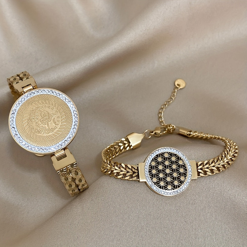 Round brand bracelet made of stainless steel plated with 18K gold and hollowed out, studded with rhinestones.