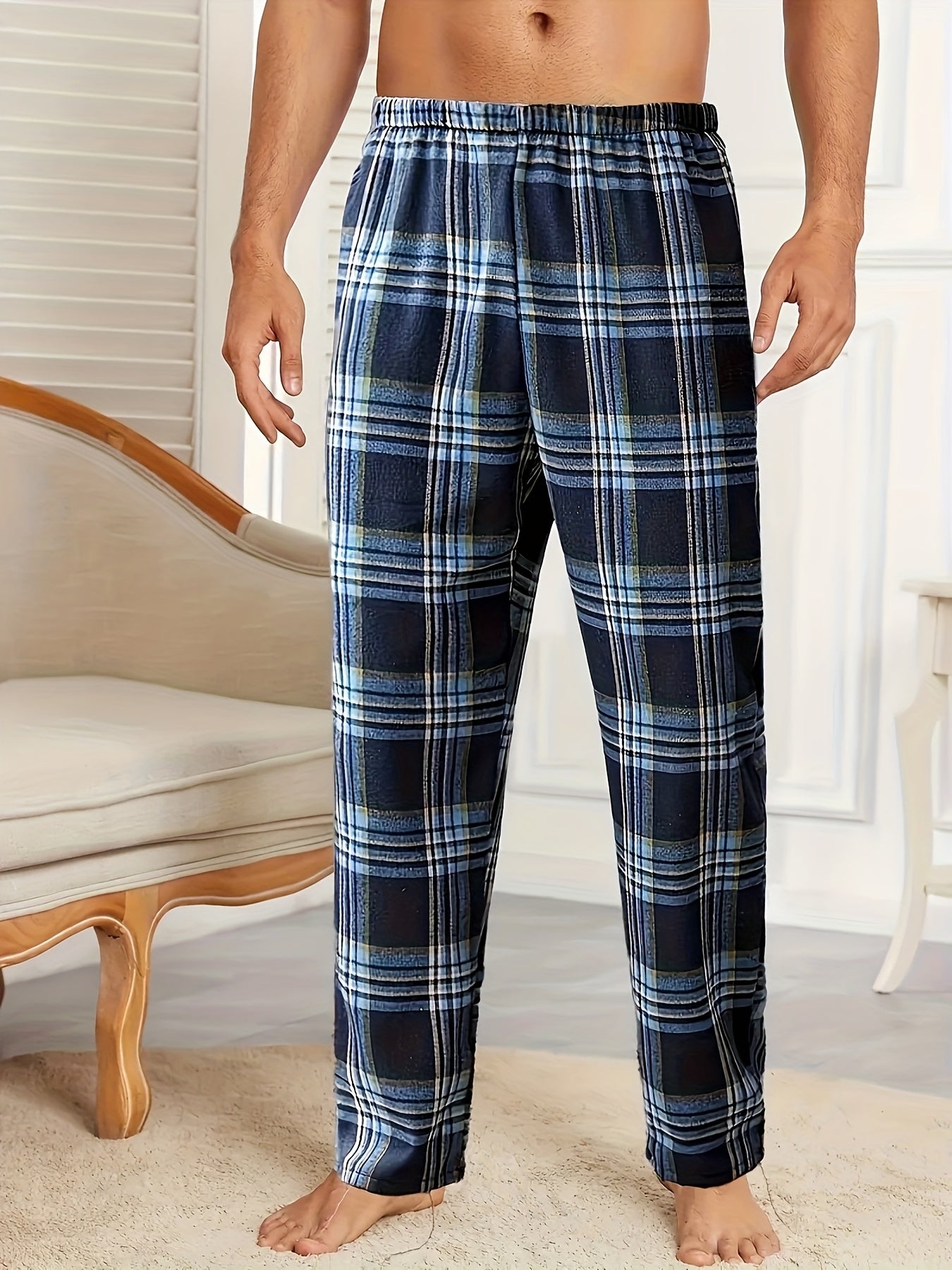 Comfortable men's sleep pants with tartan pattern, elastic waist, and pockets. Made from 95% polyester and 5% spandex, lightweight and soft. Suitable for all seasons.