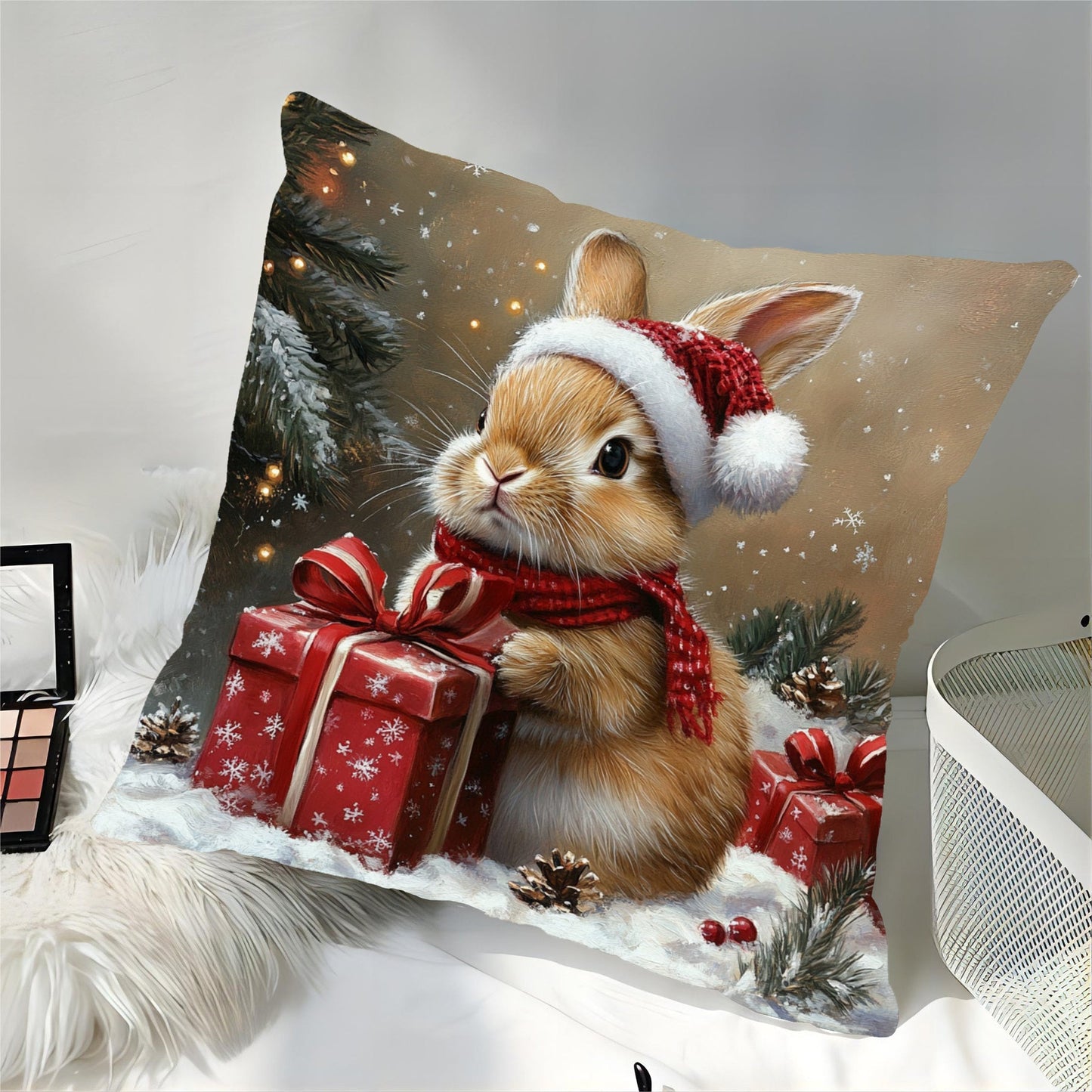 One piece of a short plush decorative pillow featuring a Netherland Dwarf rabbit design, measuring 45.72cm x 45.72cm. The design showcases a brown rabbit celebrating Christmas, perfect for adding a festive touch to your sofa, living room, bedroom, or