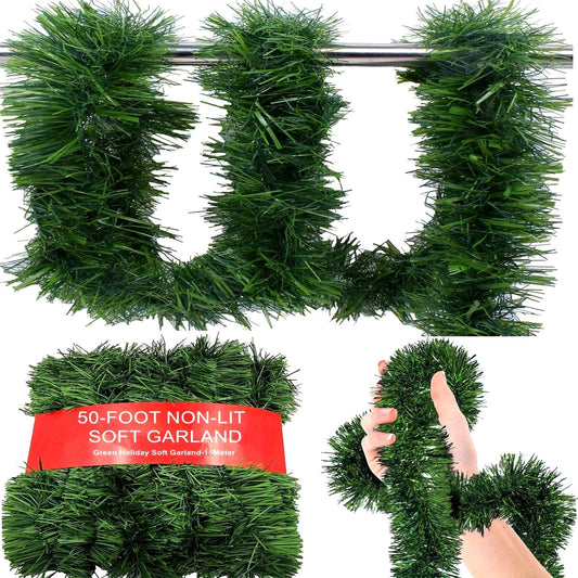 Green Holiday Garland - 50 Feet Long, Soft ABS Plastic Christmas Decor for Indoor/Outdoor Use - Versatile Foliage for Stairs, Railings, Mantels, Doorways - Non-Lit and Feather-Free Festive Decoration for Ages 14 and Up