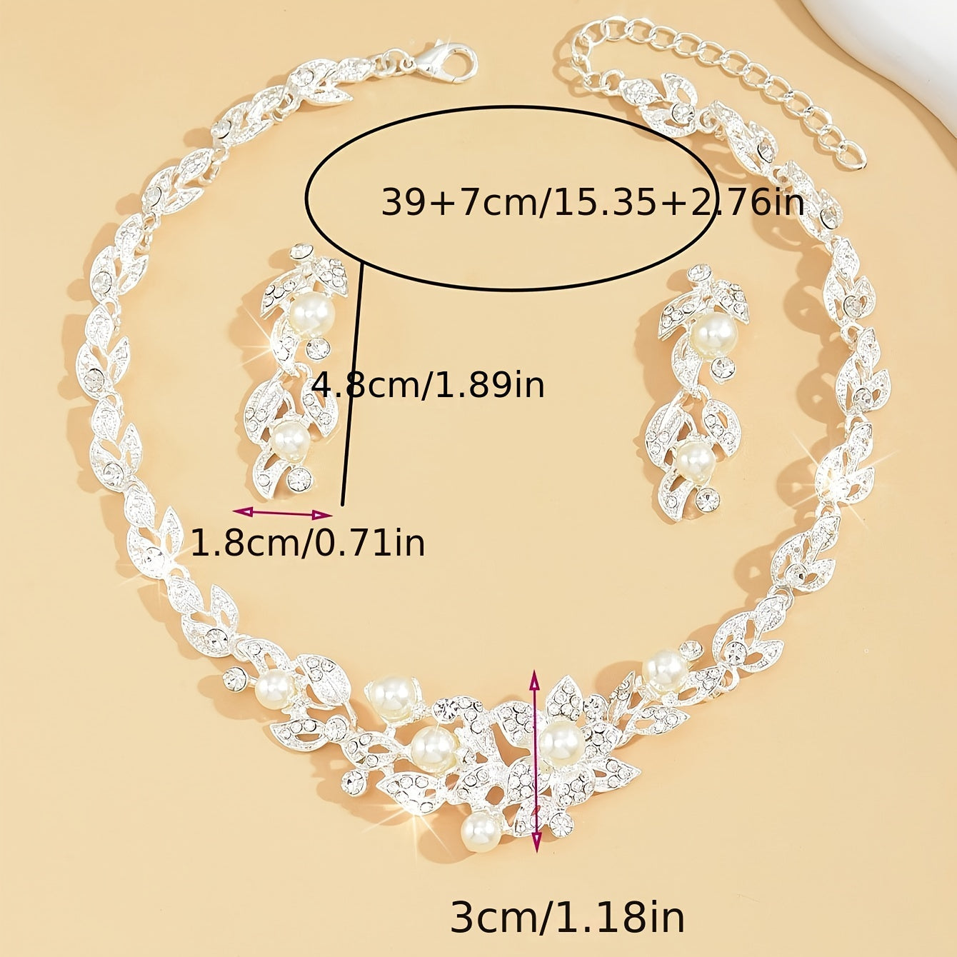 Beautiful 2-piece Bridal Jewelry Set, Silver-Plated Zinc Alloy With Gold Accents, Water Drill Detailing And Cream-colored Faux Pearl Accents - Featuring a Delicate Leaf Vine Floral Design Necklace And Earring Set, Ideal for Weddings and Valentine's Day